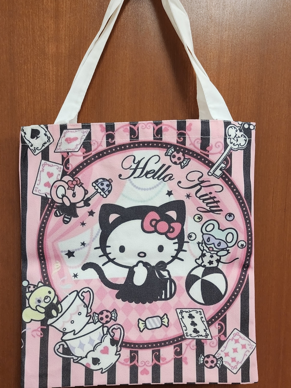 Hello Kitty Pink and Black Printed Tote with Bow Motif